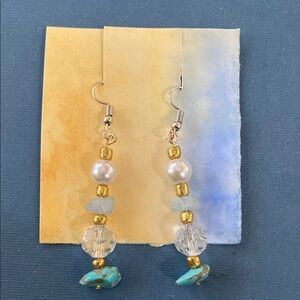 Gold and Blue Beaded Earrings with Turquoise Accents